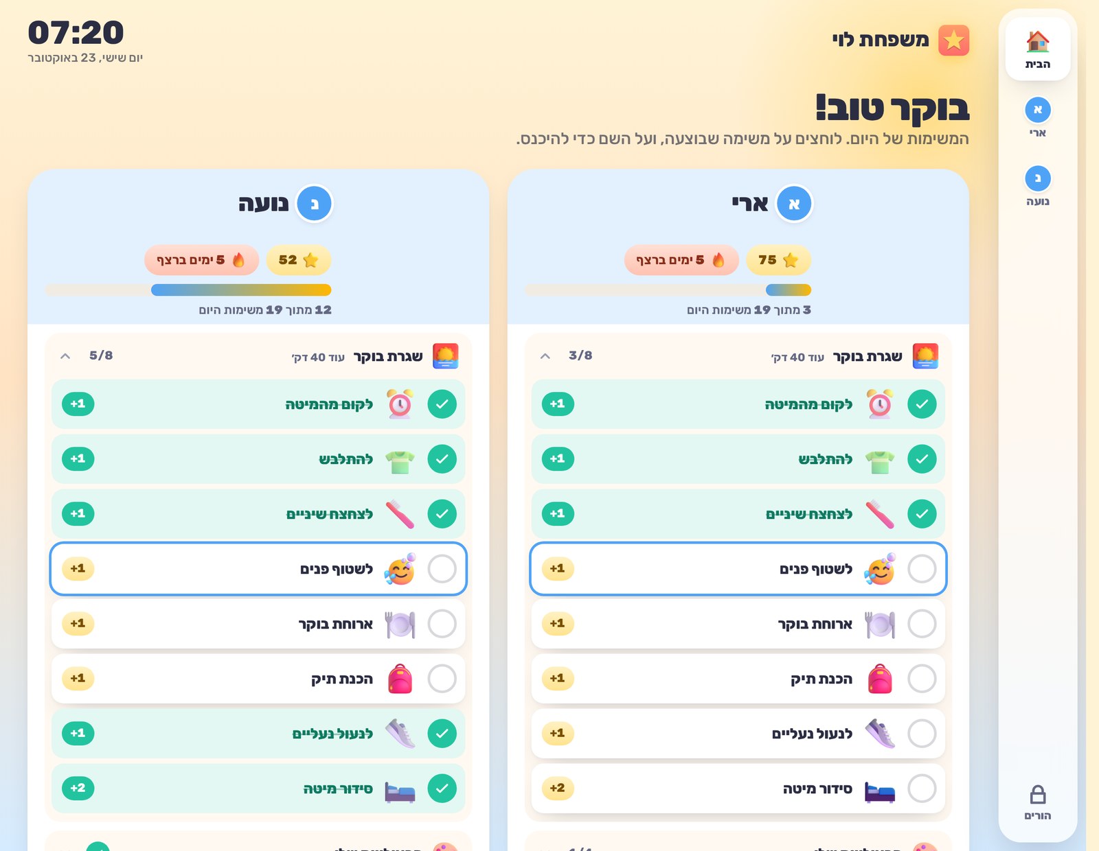 לוח הבוקר מקרוב, עם עמודה לכל ילד, תמונה לכל משימה וסימני וי