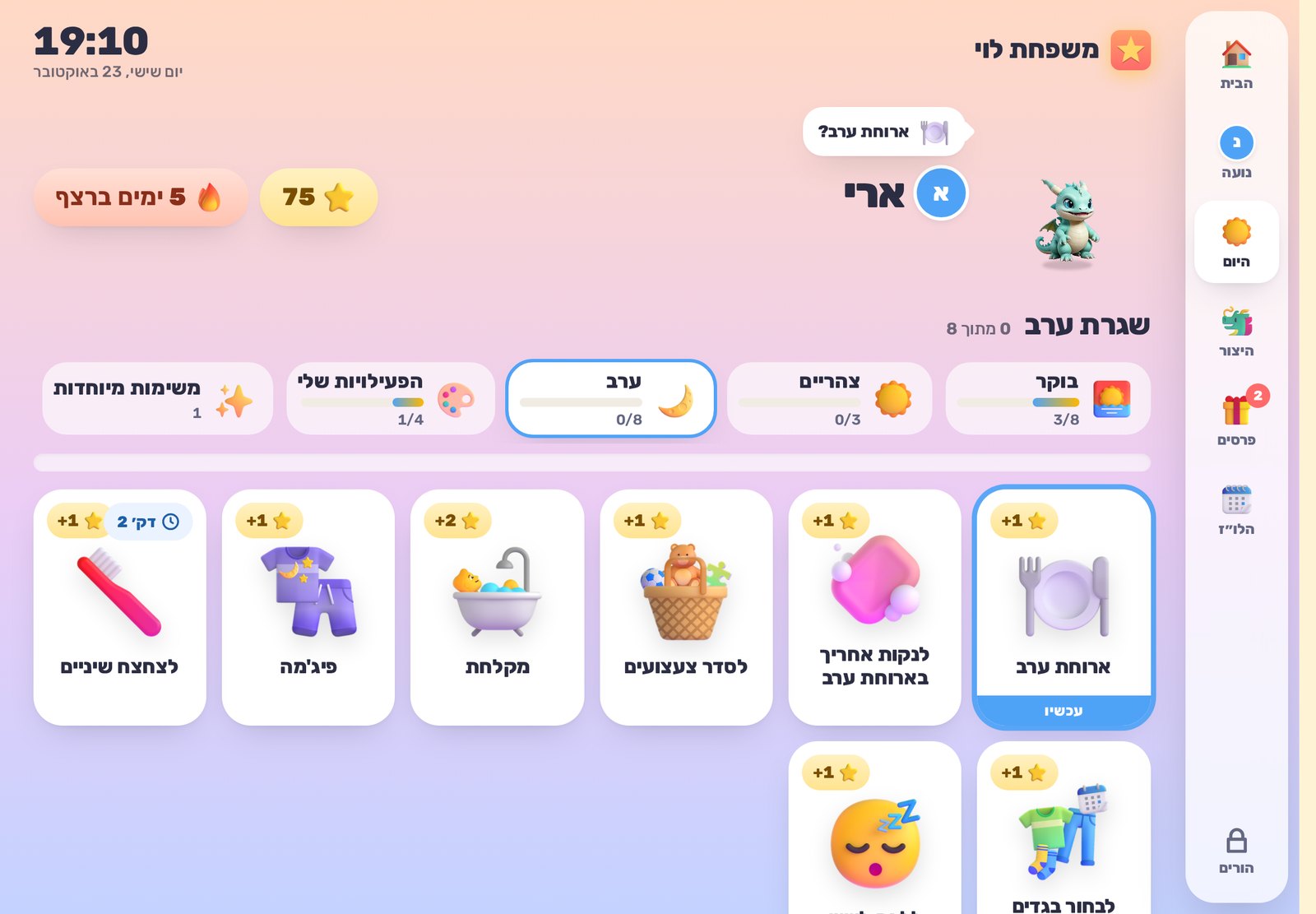 שגרת הערב של ארי, עם ארוחת ערב, מקלחת, פיג׳מה וצחצוח שיניים בתמונות