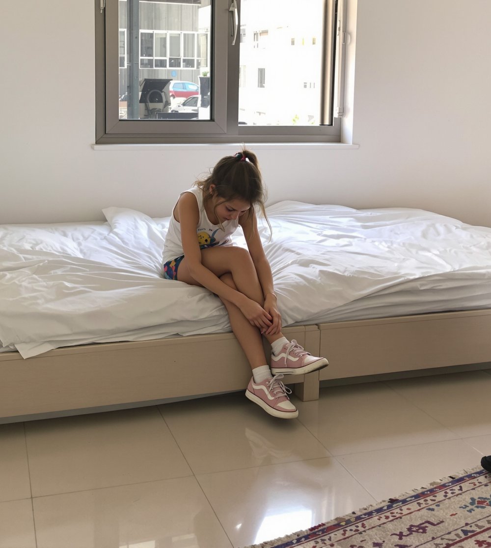 ילדה יושבת על המיטה ונועלת נעליים לבד