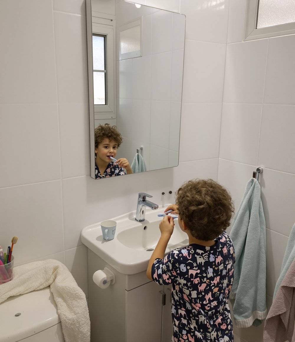 ילד בפיג׳מה מצחצח שיניים לבד מול הכיור